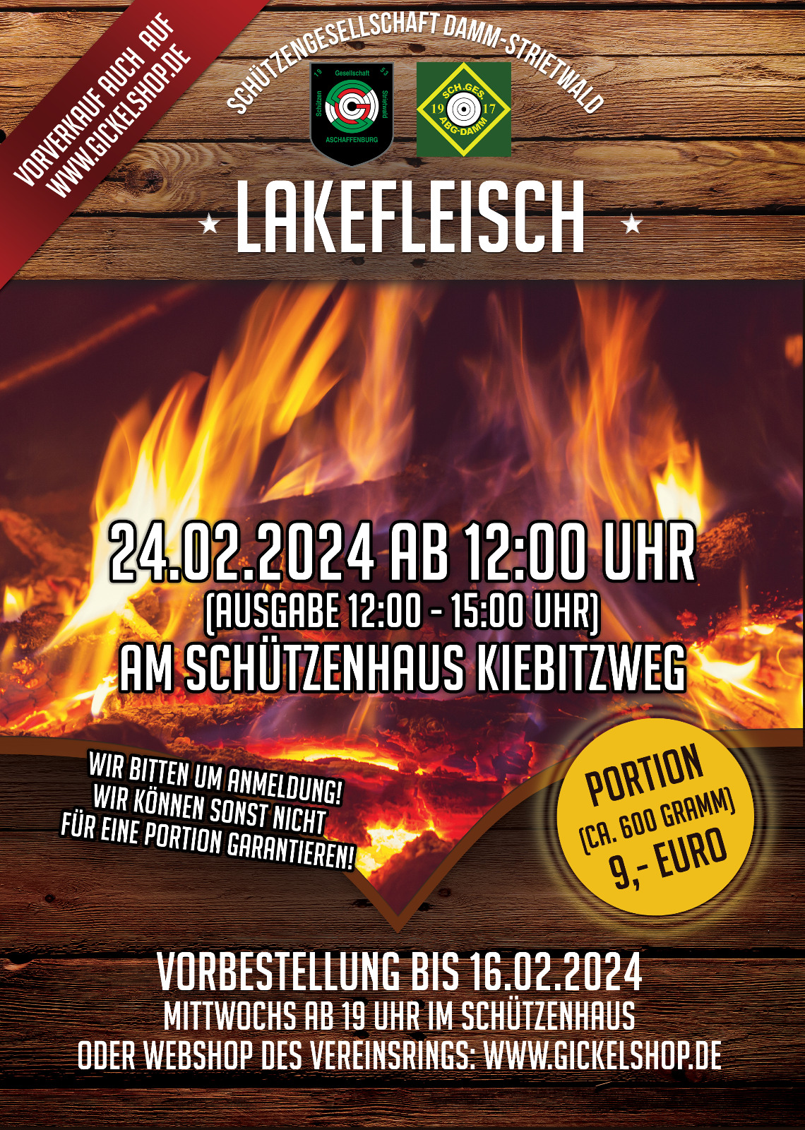 Lakefleisch Essen 2024 im Schützenhaus Kiebitzweg. 24.2.2024 ab 12 Uhr. Bitte vorher anmelden. Vorbestellung bis 16.2.2024